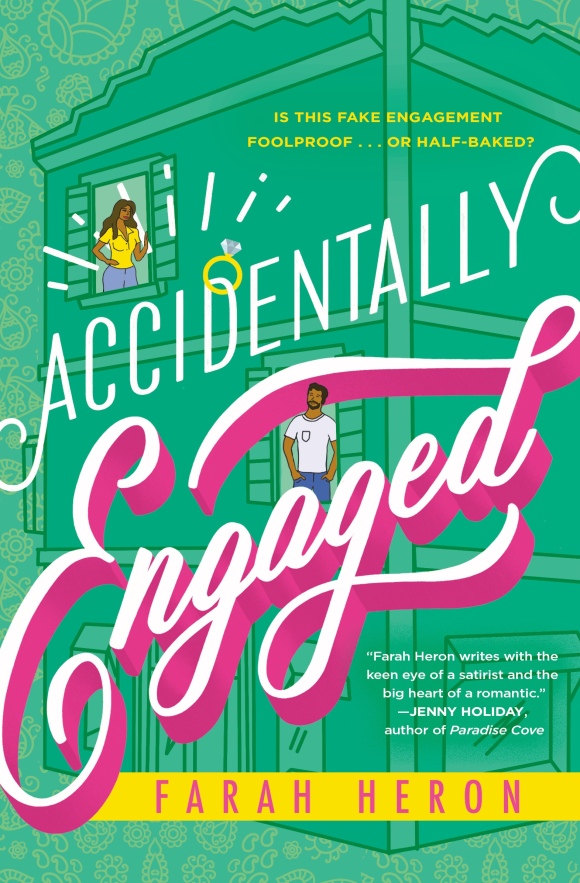 Green book cover with the words Accidentally Engaged by Farah Heron and an apartment building with a man and a woman watching each other from the windows